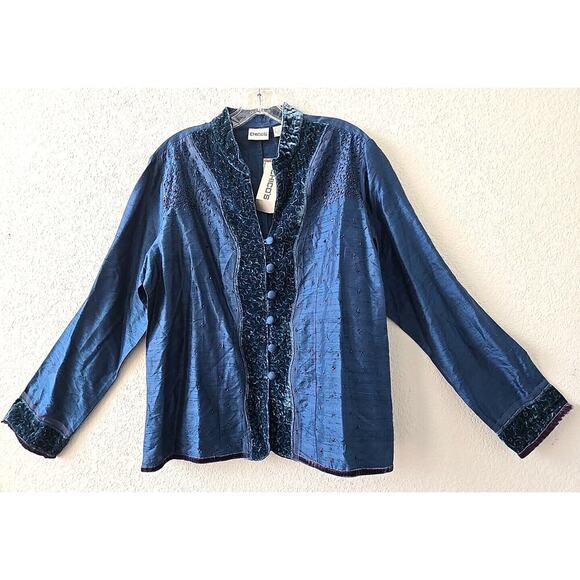 NWT Chico's Silk Jacket Blue Beaded Large 2 Velvet Trim Shimmer Special Occasion - Picture 1 of 8